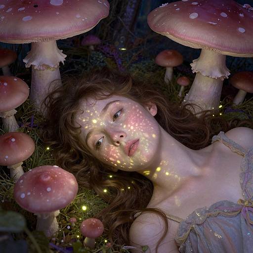 Photograph-style digital artwork of a fair-skinned woman with wavy brown hair, lying among glowing fairy lights and pink-spotted mushrooms.