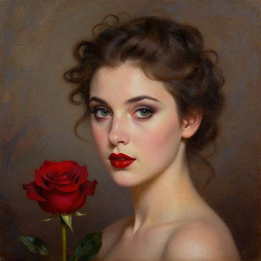 Digital painting of a fair-skinned woman with curly brown hair, red lips, and blue eyes, holding a red rose against a dark background. Classic