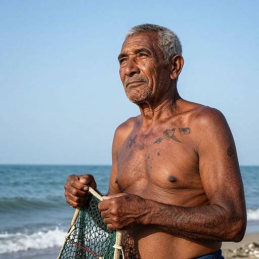 Photograph of an elderly, shirtless, dark-skinned man with gray hair and tattoos, holding a fishing net on a sunny beach with ocean waves