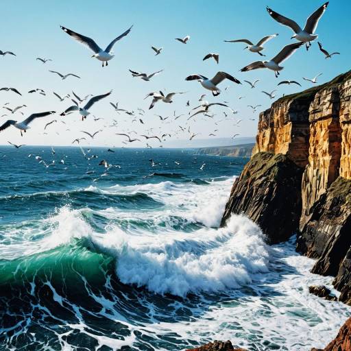 Vibrant Coastal Cliff with Soaring Seagulls