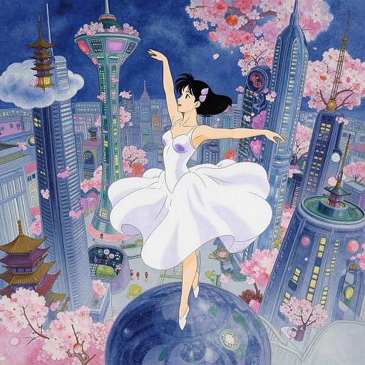 Anime-style digital illustration of a ballerina in a white dress dancing on Earth, surrounded by futuristic skyscrapers, cherry blossoms, and a