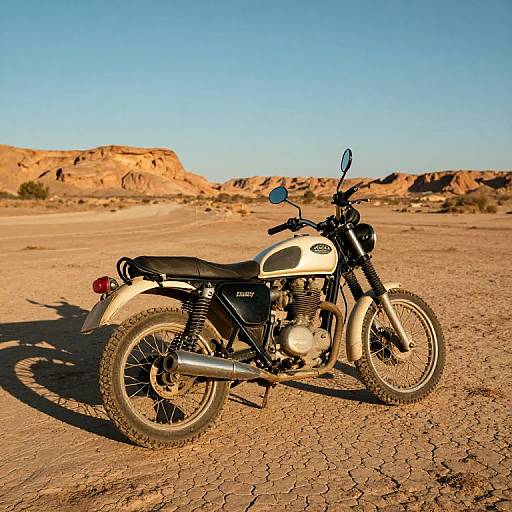 Photograph of a white and black vintage motorcycle with black seat, parked on a dry, cracked desert road under a clear blue sky.