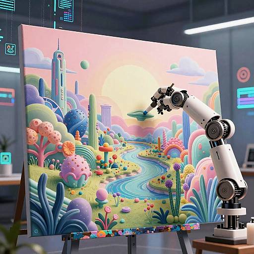 Digital art of surreal, colorful cityscape with vibrant hills, rivers, and skyscrapers, displayed on an easel with a robotic arm.