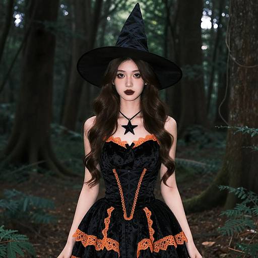Digital art of a fair-skinned, dark-haired witch in a black dress with orange lace, star necklace, and pointed hat in a dark forest.