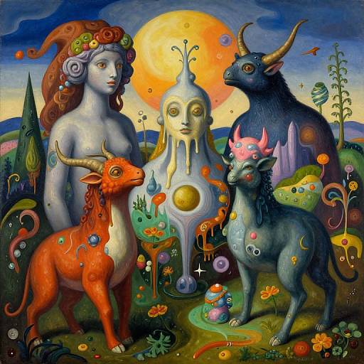Fantastical painting: blue-skinned woman, red horned creature, blue-horned goat, melting face statue, vibrant flowers, glowing sun