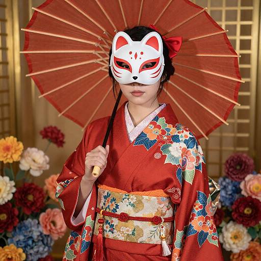 Asian Woman in Vibrant Kimono with Fox Mask