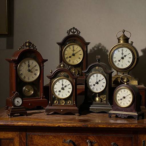 Photograph of six antique, dark wooden clocks with white faces and black numerals, displayed on a polished wooden surface against a gray wall. Clocks