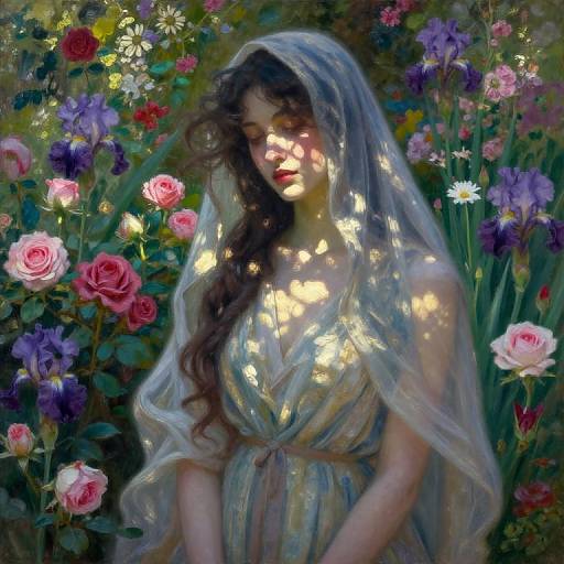 Digital painting of a fair-skinned woman with long brown hair, wearing a sheer veil and flowing dress, surrounded by vibrant flowers in a sunlit garden