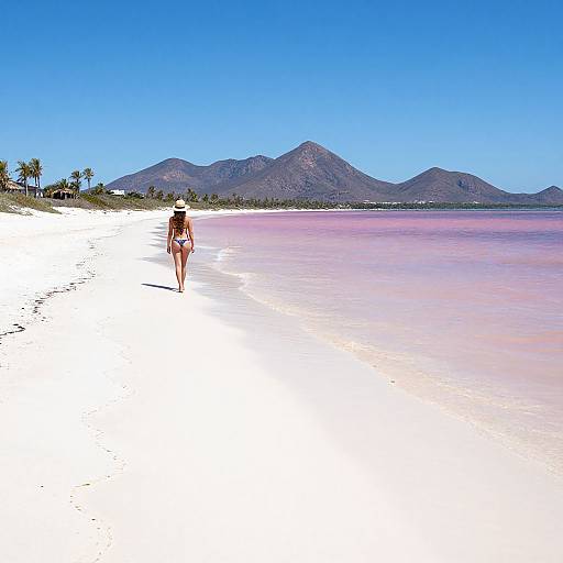 Photograph of a lone woman in a bikini walking on a pristine white sandy beach toward distant mountains under a clear blue sky.