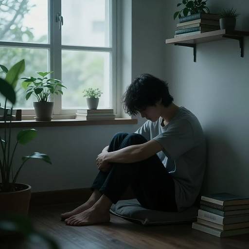Photograph of a pensive young man with curly hair, sitting on a cushion by a sunlit window, surrounded by plants and books.