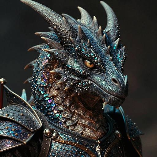 Photorealistic digital artwork of a blue, glittering dragon with intricate armor, sharp spikes, and glowing orange eyes, set against a dark background.