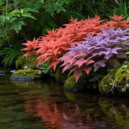 Photograph of a serene forest stream with vibrant red and purple ferns, reflected in the water, surrounded by lush green foliage and moss-covered rocks.