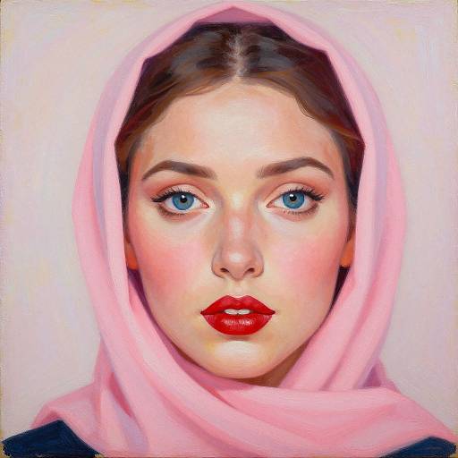 Digital portrait of a fair-skinned woman with blue eyes, red lips, and brown hair, wearing a pink headscarf, against a white background