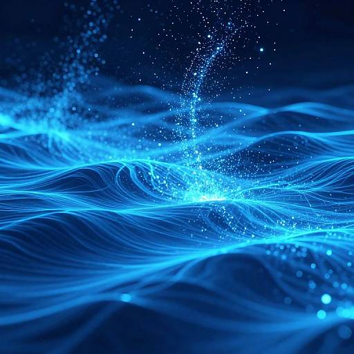 Digital artwork of glowing blue waves with dynamic light lines and sparkling water droplets, creating a mesmerizing, neon aquatic effect.