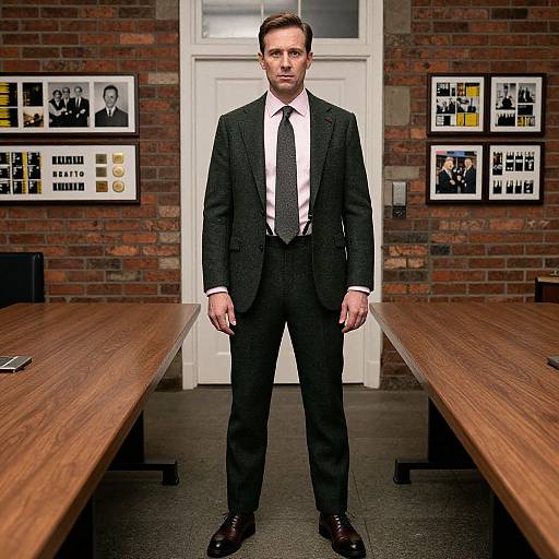Photograph of a serious, fair-skinned man with short brown hair, wearing a black suit, white shirt, and black tie, standing in a