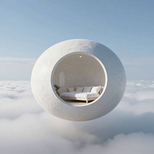 Photorealistic CGI of a white circular pod floating above the clouds, with a minimalist bedroom inside featuring a white bed and plant.