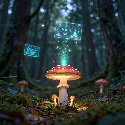 Photograph of glowing red-and-white mushrooms in a dark forest, with digital holograms of icons and diagrams floating above, surrounded by moss and scattered leaves