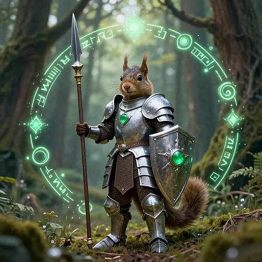 Digital artwork of a squirrel in shiny silver armor with green glowing accents, holding a spear and shield, standing in a mystical forest with a glowing, circular