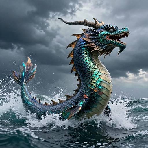Digital artwork of a vibrant, iridescent dragon with blue, green, and purple scales emerging from tumultuous ocean waves under a stormy sky.