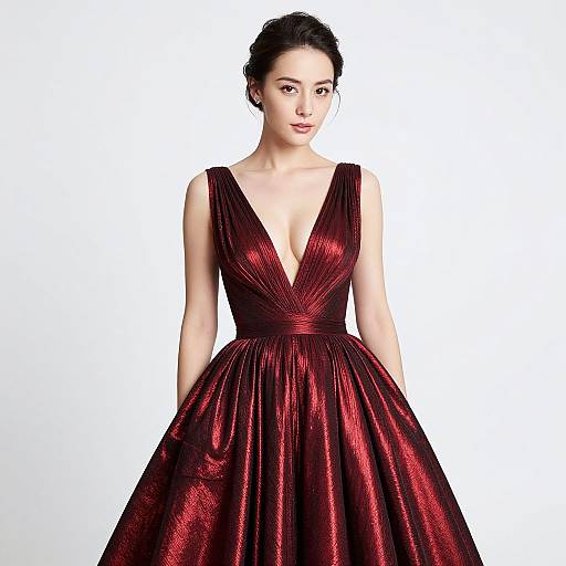 Photograph of a fair-skinned woman with dark hair in an updo, wearing a deep red, sleeveless, V-neck, satin ball gown