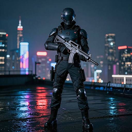 Photograph of a futuristic, armored soldier with a helmet, holding a rifle, standing on a wet, neon-lit city rooftop at night.