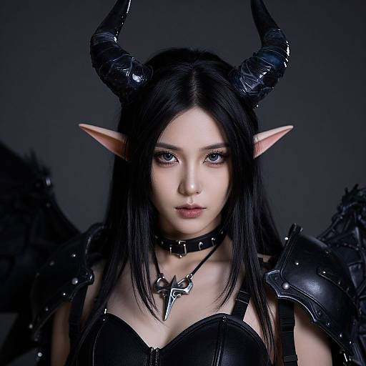 Photograph of a pale-skinned woman with black horns, pointed elf ears, and black leather armor, wearing a choker with a silver pendant,