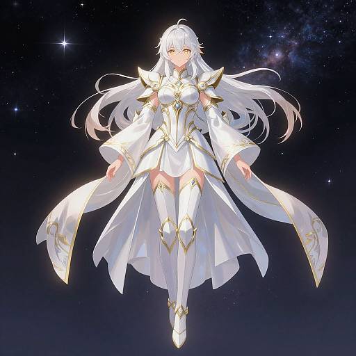 Digital anime artwork of a white-haired, blue-eyed female warrior in a glowing white and gold space-themed outfit, floating against a starry night sky.