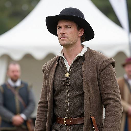 Photograph of a serious Caucasian man in 18th-century attire, wearing a black hat, brown jacket, and gray vest, with a white shirt