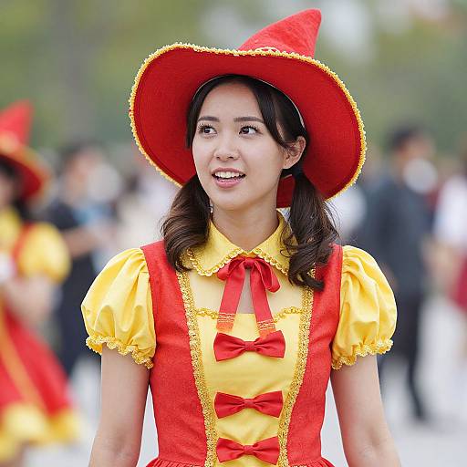 Photograph of an Asian woman in a yellow and red witch costume with a pointed hat, red bows, and yellow puffed sleeves, smiling outdoors with