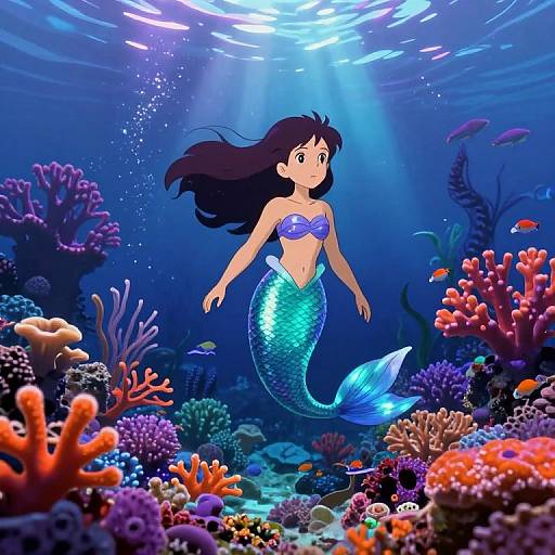 Digital illustration of a blue mermaid with a shimmering tail, floating amidst vibrant, colorful coral reefs underwater, with light rays filtering from above.