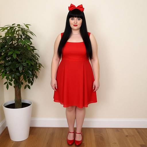 Photograph of a fair-skinned woman with long black hair, wearing a red dress, red bow, and red shoes, standing beside a potted