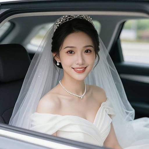 Photograph of an Asian bride with black hair, wearing a white off-shoulder wedding dress, veil, tiara, pearl necklace, and earrings