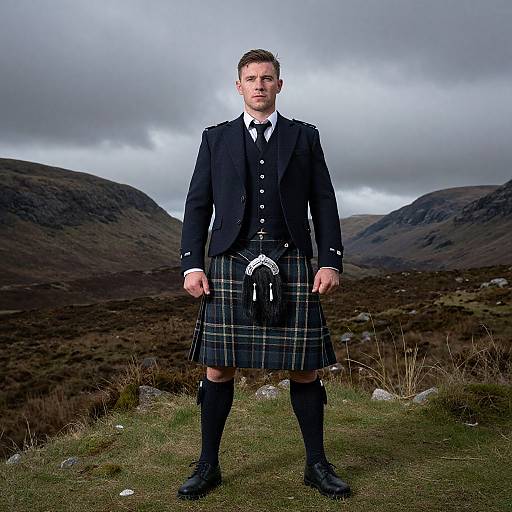 Photograph of a young Caucasian man in traditional Scottish attire, including a black jacket, white shirt, plaid kilt, and black stockings, standing
