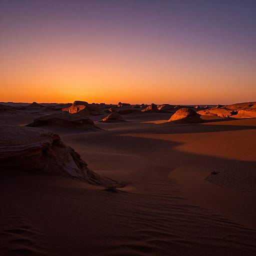 Photograph of a desert landscape at sunset, featuring vibrant orange and purple skies, silhouetted sand dunes, and textured sand patterns in the