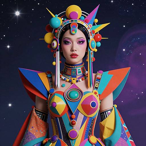 Digital art of an Asian woman in vibrant, colorful, futuristic space-themed costume with geometric patterns, multicolored spheres, and starry background.