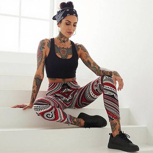 Tattooed Woman on White Steps