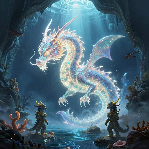 Digital fantasy artwork: A glowing, ethereal dragon with vibrant blue, white, and orange scales emerges from underwater cave, illuminated by sunlight, while two