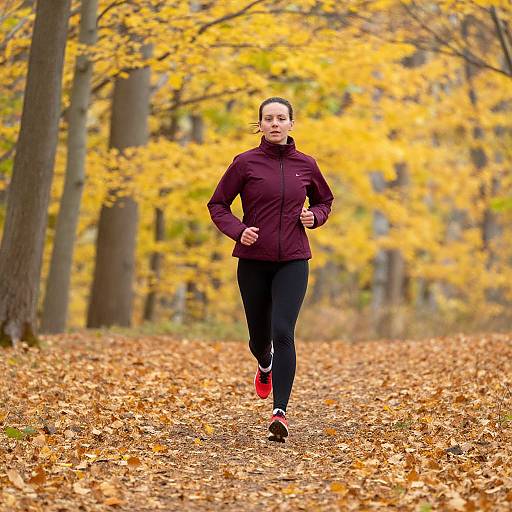 Photograph of a focused woman running through a forest path covered in autumn leaves, wearing a maroon jacket, black pants, and red shoes, with