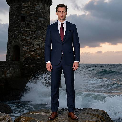 Photograph of a handsome man in a navy suit, white shirt, and red tie, standing on rocky shore with ocean waves and stone tower in background