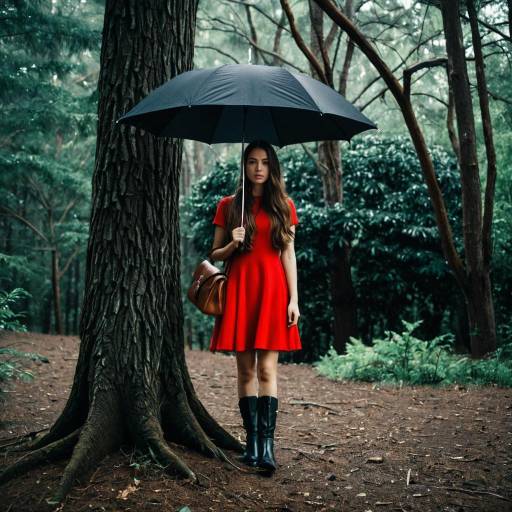 Woman in Red Dress Holding Umbrella in Forest