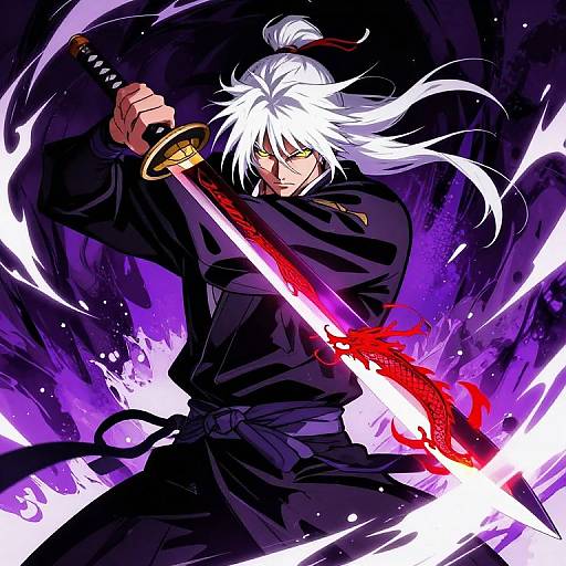 Digital anime-style drawing of a white-haired, yellow-eyed warrior in black clothing, wielding a glowing red sword against a purple, magical background. Dynamic,