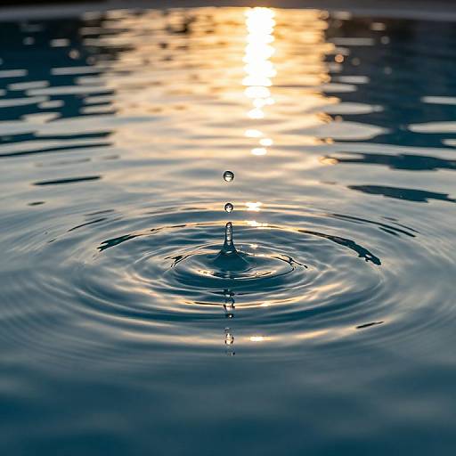 Photograph of a single water droplet splashing into a rippling blue water surface, reflecting a bright, golden sunset.