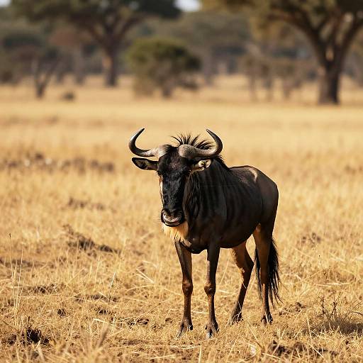 Solitary Black Wildebeest in Golden Grassland