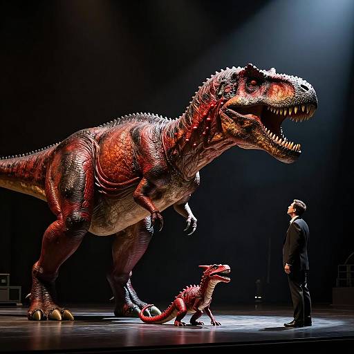 Dramatic Stage Scene with Dinosaurs