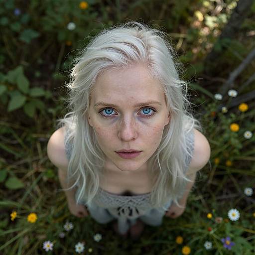 Photograph of a fair-skinned, blue-eyed woman with platinum blonde hair, looking up from grassy ground with scattered yellow and white flowers.