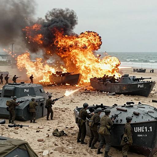 Photograph of soldiers on a sandy beach, with a burning military boat emitting thick black smoke and bright orange flames. Multiple armored vehicles labeled 