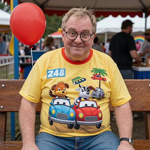 Photograph of a middle-aged man with glasses, short blonde hair, yellow Cars-themed t-shirt, blue jeans, sitting on a wooden bench, red