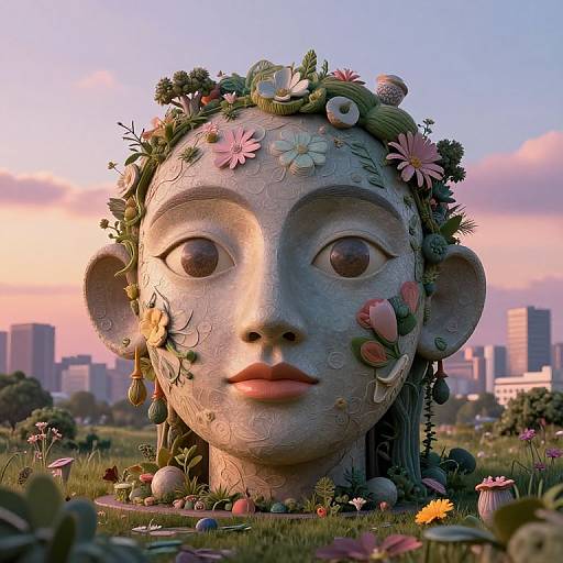 Photograph of a large, silver, flower-decorated face sculpture with wide eyes and pink lips, set in a grassy field with city skyline
