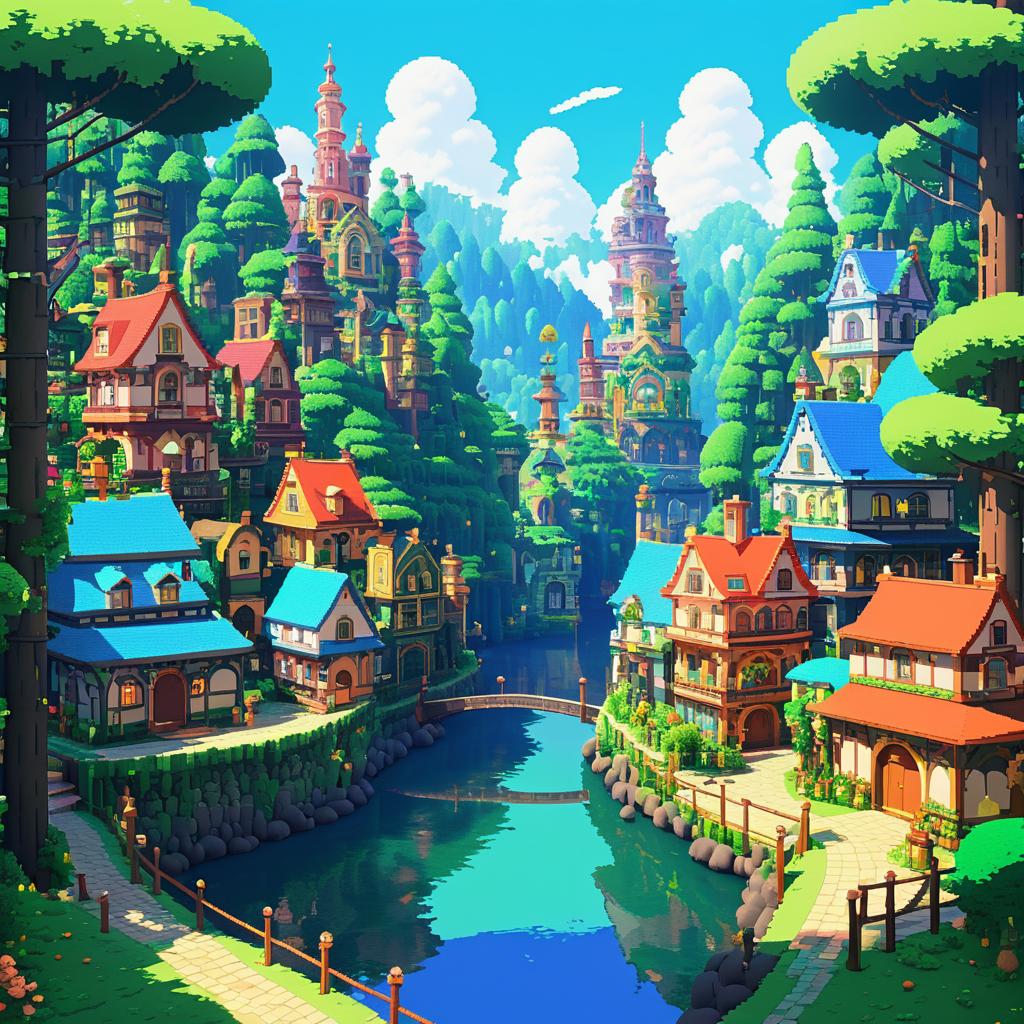 Whimsical Pixel Art Port Town Landscape