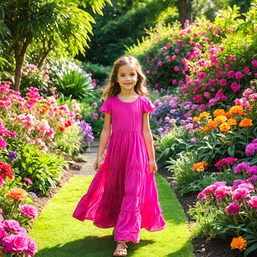 Girl in Pink Dress Among Colorful Blooms